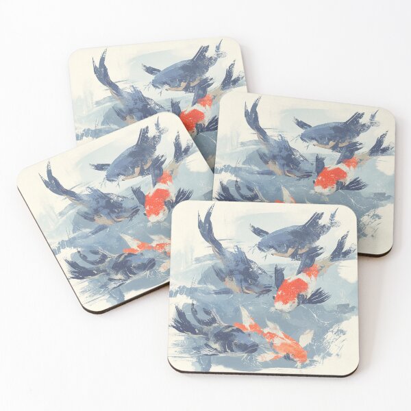 Item preview, Indigo Koi Fish Print Five Carp Beneath the Surface Block Print Style Wall Art designed and sold by solynneart.