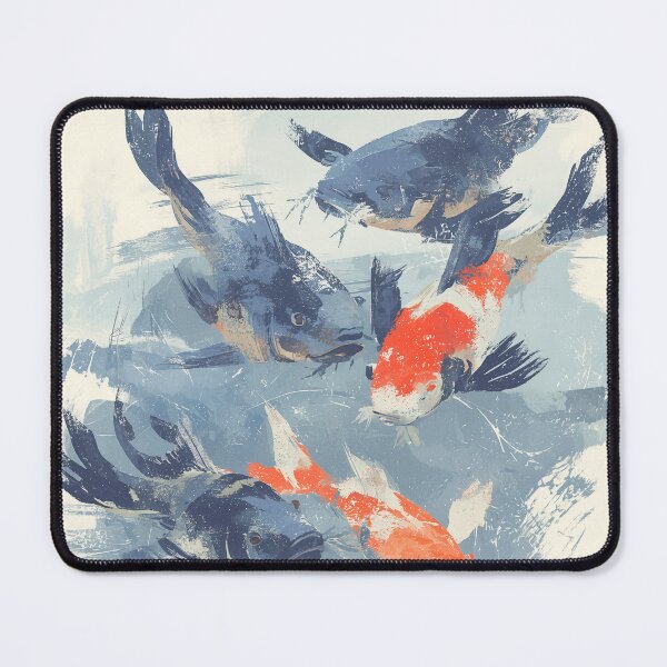 Item preview, Indigo Koi Fish Print Five Carp Beneath the Surface Block Print Style Wall Art designed and sold by solynneart.