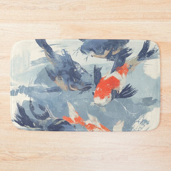 Item preview, Indigo Koi Fish Print Five Carp Beneath the Surface Block Print Style Wall Art designed and sold by solynneart.
