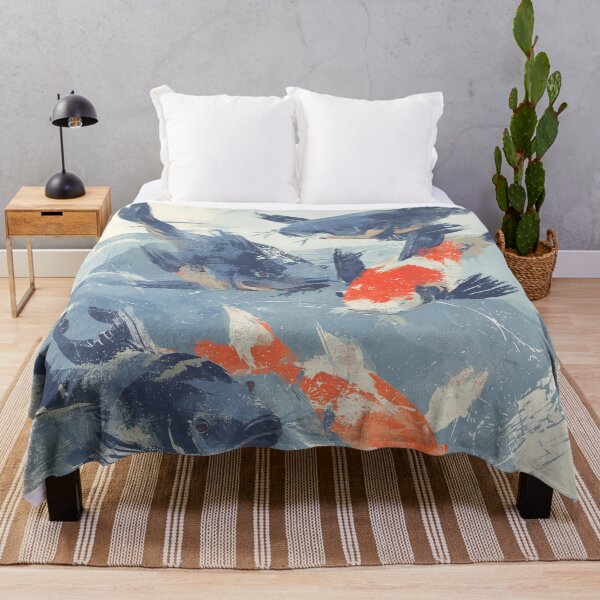 Item preview, Indigo Koi Fish Print Five Carp Beneath the Surface Block Print Style Wall Art designed and sold by solynneart.