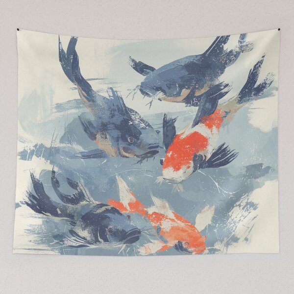 Item preview, Indigo Koi Fish Print Five Carp Beneath the Surface Block Print Style Wall Art designed and sold by solynneart.