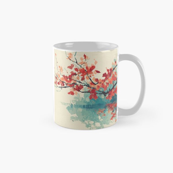 Item preview, Autumn Maple Branch Over Water Print Scarlet Leaves and Teal Reflection Art designed and sold by solynneart.