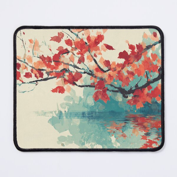 Item preview, Autumn Maple Branch Over Water Print Scarlet Leaves and Teal Reflection Art designed and sold by solynneart.