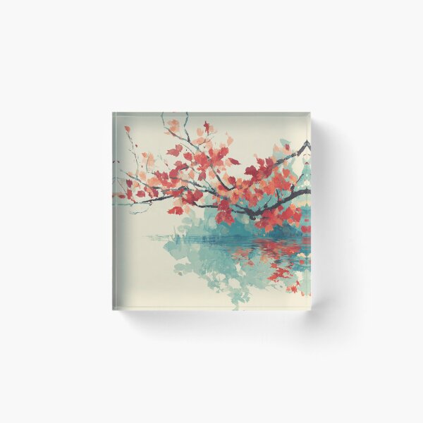 Item preview, Autumn Maple Branch Over Water Print Scarlet Leaves and Teal Reflection Art designed and sold by solynneart.