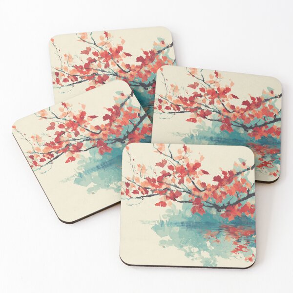 Item preview, Autumn Maple Branch Over Water Print Scarlet Leaves and Teal Reflection Art designed and sold by solynneart.
