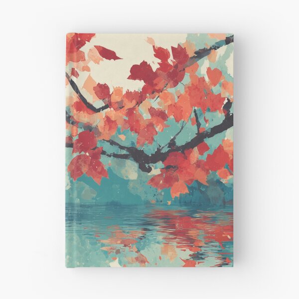 Item preview, Autumn Maple Branch Over Water Print Scarlet Leaves and Teal Reflection Art designed and sold by solynneart.