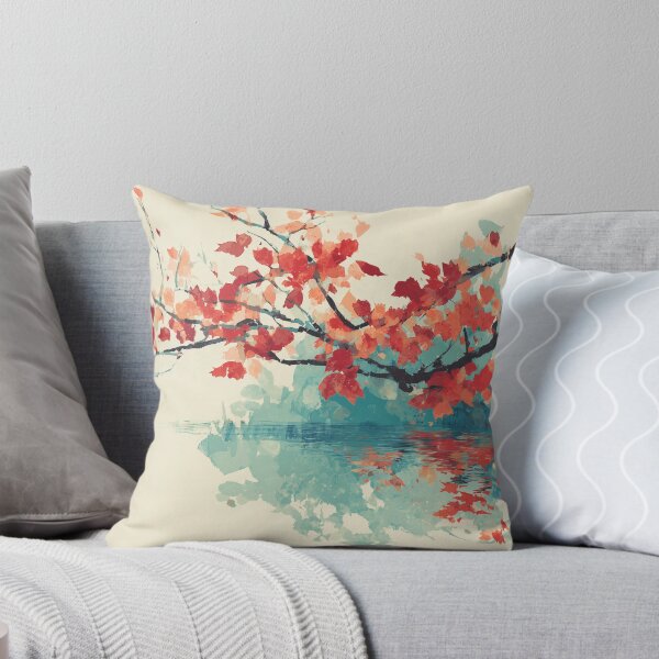 Item preview, Autumn Maple Branch Over Water Print Scarlet Leaves and Teal Reflection Art designed and sold by solynneart.