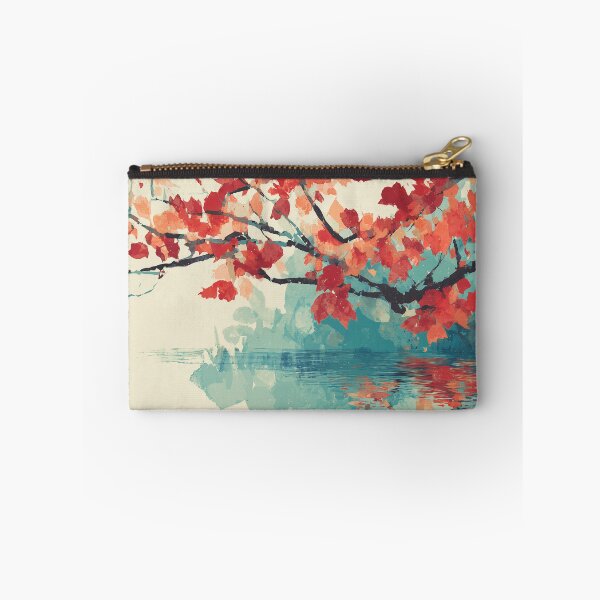 Item preview, Autumn Maple Branch Over Water Print Scarlet Leaves and Teal Reflection Art designed and sold by solynneart.