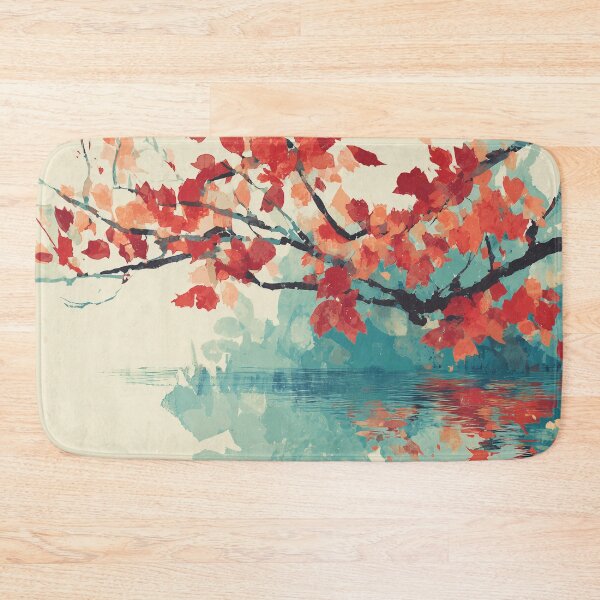 Item preview, Autumn Maple Branch Over Water Print Scarlet Leaves and Teal Reflection Art designed and sold by solynneart.