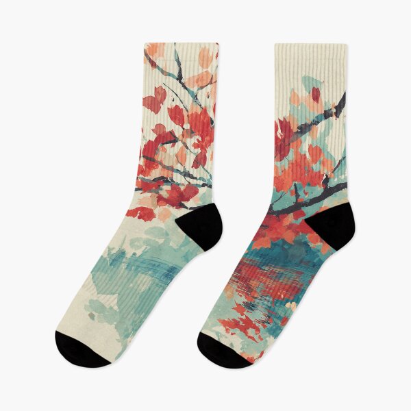 Item preview, Autumn Maple Branch Over Water Print Scarlet Leaves and Teal Reflection Art designed and sold by solynneart.