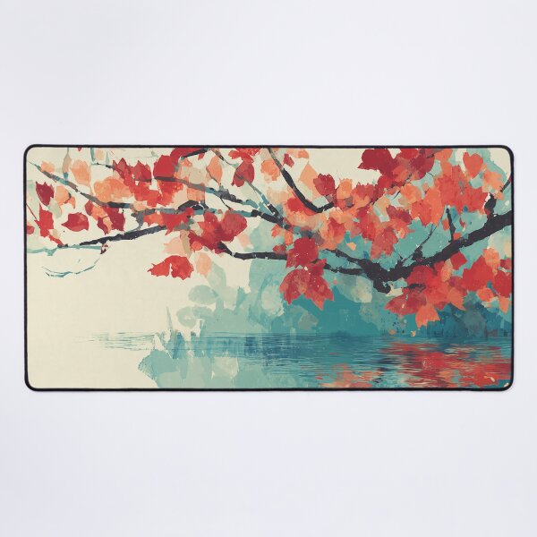Item preview, Autumn Maple Branch Over Water Print Scarlet Leaves and Teal Reflection Art designed and sold by solynneart.