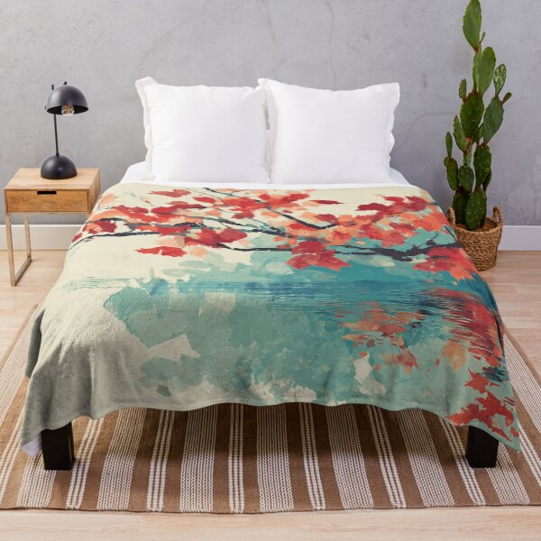 Item preview, Autumn Maple Branch Over Water Print Scarlet Leaves and Teal Reflection Art designed and sold by solynneart.