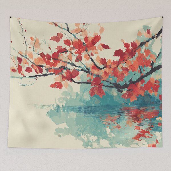 Item preview, Autumn Maple Branch Over Water Print Scarlet Leaves and Teal Reflection Art designed and sold by solynneart.