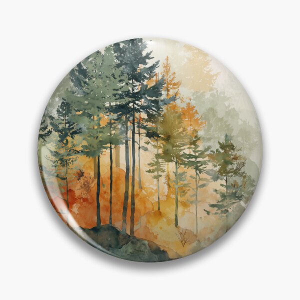 Item preview, Misty Pine Forest Watercolor Moss Green and Amber Autumn Woodland Wall Art designed and sold by solynneart.