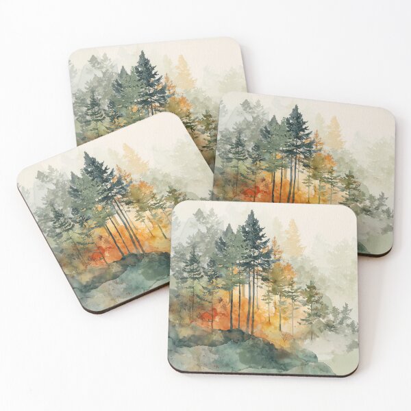 Item preview, Misty Pine Forest Watercolor Moss Green and Amber Autumn Woodland Wall Art designed and sold by solynneart.