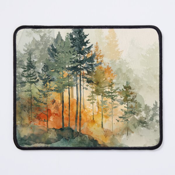Item preview, Misty Pine Forest Watercolor Moss Green and Amber Autumn Woodland Wall Art designed and sold by solynneart.