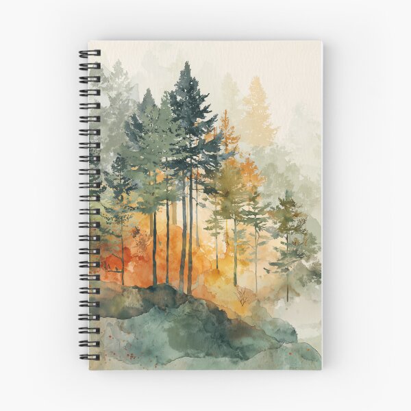 Item preview, Misty Pine Forest Watercolor Moss Green and Amber Autumn Woodland Wall Art designed and sold by solynneart.