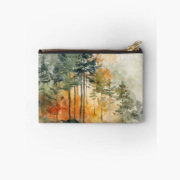Item preview, Misty Pine Forest Watercolor Moss Green and Amber Autumn Woodland Wall Art designed and sold by solynneart.