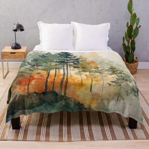 Item preview, Misty Pine Forest Watercolor Moss Green and Amber Autumn Woodland Wall Art designed and sold by solynneart.