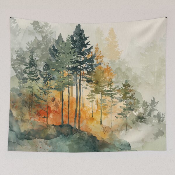 Item preview, Misty Pine Forest Watercolor Moss Green and Amber Autumn Woodland Wall Art designed and sold by solynneart.