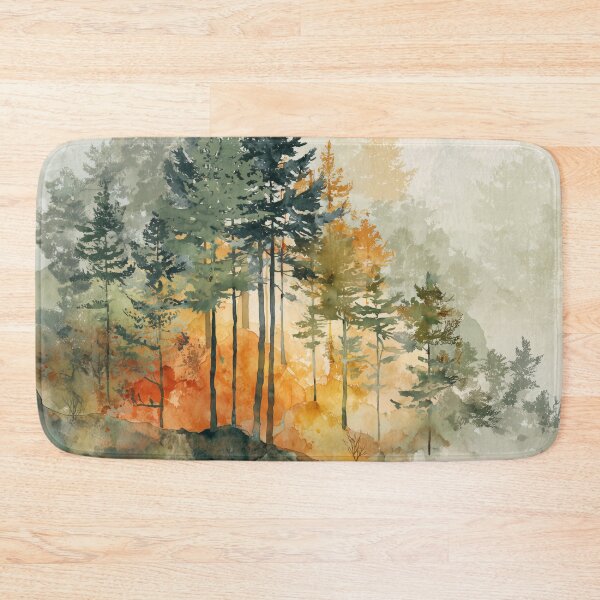 Item preview, Misty Pine Forest Watercolor Moss Green and Amber Autumn Woodland Wall Art designed and sold by solynneart.