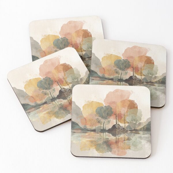 Item preview, Still Lake Reflection Art Blush Ochre and Sage Trees Dawn Marshland Print designed and sold by solynneart.