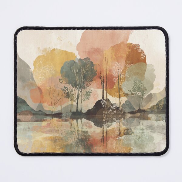 Item preview, Still Lake Reflection Art Blush Ochre and Sage Trees Dawn Marshland Print designed and sold by solynneart.