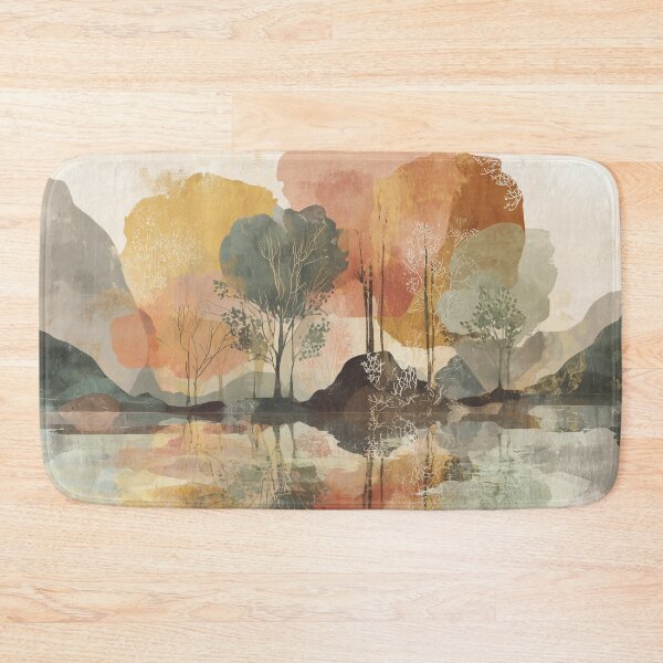 Item preview, Still Lake Reflection Art Blush Ochre and Sage Trees Dawn Marshland Print designed and sold by solynneart.