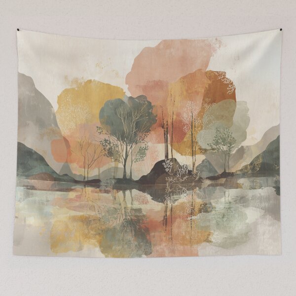 Item preview, Still Lake Reflection Art Blush Ochre and Sage Trees Dawn Marshland Print designed and sold by solynneart.