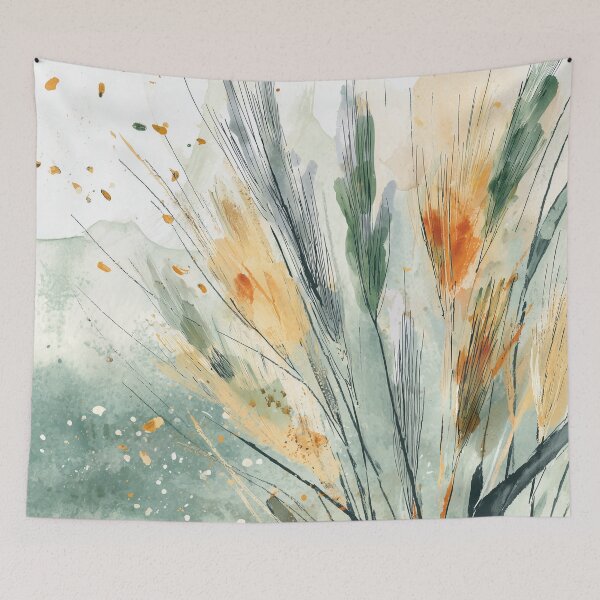 Item preview, Golden Wheat Botanical Art Amber Grasses Bending in Wind Sage Green Print designed and sold by solynneart.