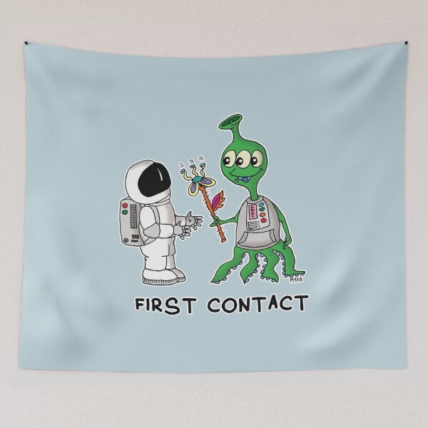 Item preview, First Contact Sticker | Funny Alien Astronaut Space Meme designed and sold by MyxaART.