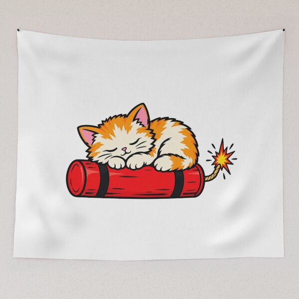 Item preview, Cute Kitten Sleeping on Dynamite - Deadly But Cute Cat Sticker designed and sold by VYBEHAUS.
