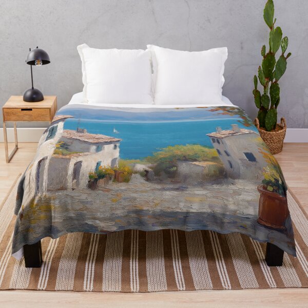 Item preview, Mediterranean Coastal Village Oil Painting Print designed and sold by NatureSight.