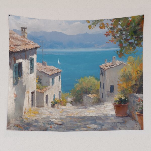 Item preview, Mediterranean Coastal Village Oil Painting Print designed and sold by NatureSight.