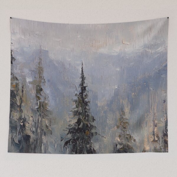 Item preview, Foggy Pine Forest Mountain Oil Painting designed and sold by NatureSight.
