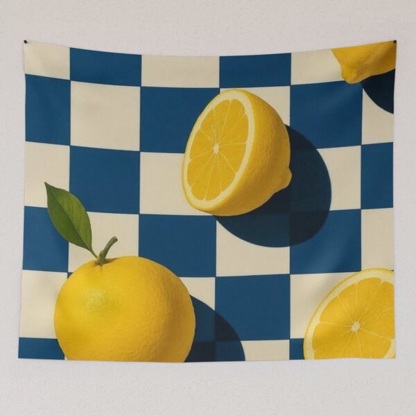 Item preview, Lemon on Navy Blue Checkerboard – Retro Checkered Citrus Print designed and sold by EatPrayLive.