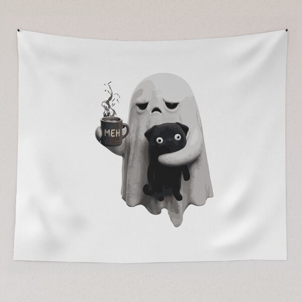 Item preview, Meh Moody Ghost with Black Pug Dog Coffee Halloween designed and sold by Designart68.