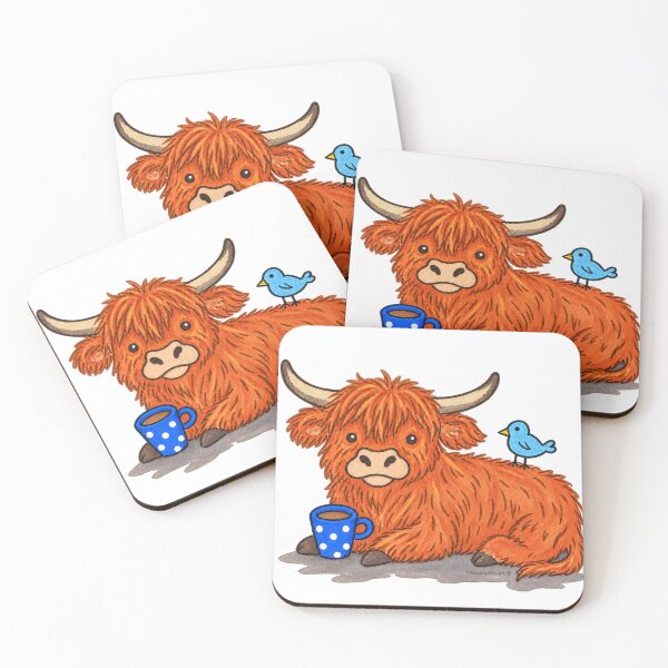 Item preview, Cute Highland Cow with Coffee & Blue Bird – Cosy Cow Design designed and sold by newsuept25.art.