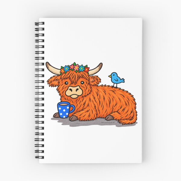 Aperçu de l'œuvre Mignonne vache des Highlands avec du café et un oiseau bleu créée et vendue par newsuept25.art.