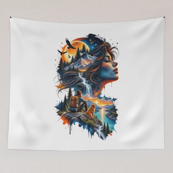 Item preview, Nature Camping Sunset Woman and Dog Cosmic Double Exposure Art designed and sold by  One City Two Children Studio.