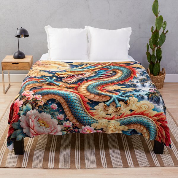 Item preview, Chinese Dragon with Full Moon and Peonies – Asian Fantasy Art designed and sold by ManJiangHong.