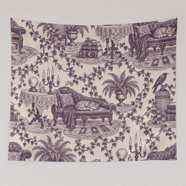 Item preview, Whimsigothic Parlor Toile Seamless Pattern | Witchy Cat Crystal Ball Toile de Jouy designed and sold by StickyGuys.
