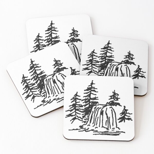 Item preview, Minimalist Ink Brush Painting of Pine Trees and Waterfall designed and sold by Emily Waters.