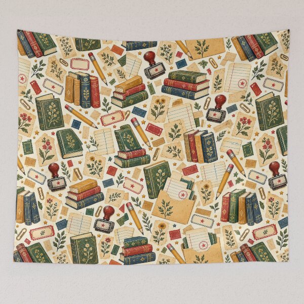 Item preview, Vintage Library Checkout Pattern – Bookish Ephemera Seamless Repeat designed and sold by astersgraphics.