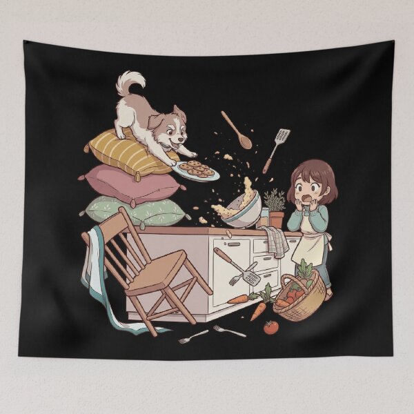 Item preview, Kitchen Chaos Mischievous Puppy Funny Dog Art    designed and sold by mood-draftsman.