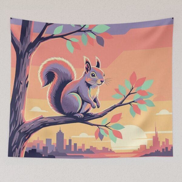 Item preview, Urban Squirrel at Sunset – Retro Wildlife Illustration designed and sold by Dogandesighn.