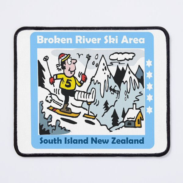 Item preview, Broken River New Zealand Funny Cartoon Skier Sticker designed and sold by Al Benge - NZ & Australian Art.