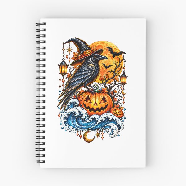 Item preview, Gothic Halloween Raven Ocean – Witch Hat Pumpkin Moon & Waves designed and sold by Dreamy Ocean Art.