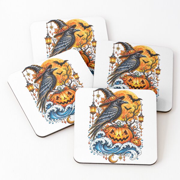 Aperçu de l'œuvre Halloween gothique Corbeau Océan – Chapeau de sorcière Citrouille Lune et vagues créée et vendue par Dreamy Ocean Art.