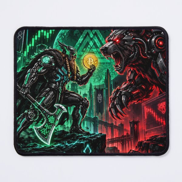 Item preview, Cyberpunk Viking Warrior vs Bear Crypto Trading designed and sold by ValhallaHub.